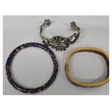 SC - Cloisonné Enameled Bangles Set - Round Blue Floral, Square Red Floral & Silver-Tone Open Bracelet