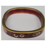 SC - Cloisonné Enameled Bangles Set - Round Blue Floral, Square Red Floral & Silver-Tone Open Bracelet