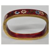 SC - Cloisonné Enameled Bangles Set - Round Blue Floral, Square Red Floral & Silver-Tone Open Bracelet