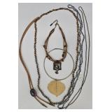 SC - Bohemian Beaded Necklaces one Bolo with Stone, Leaf Pendant & Mosaic Pendant