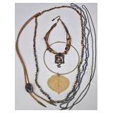 SC - Bohemian Beaded Necklaces one Bolo with Stone, Leaf Pendant & Mosaic Pendant