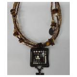 SC - Bohemian Beaded Necklaces one Bolo with Stone, Leaf Pendant & Mosaic Pendant