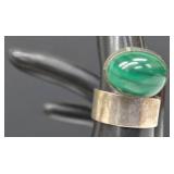 SC - Auta Sterling Malachite Ring - Modernist Design - Size 7.5