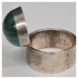 SC - Auta Sterling Malachite Ring - Modernist Design - Size 7.5