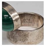 SC - Auta Sterling Malachite Ring - Modernist Design - Size 7.5