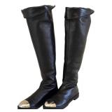 Guiseppe Zanotti Black Leather Knee-High Boots with Silver Metal Toe Caps - Size 37.5