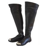 Guiseppe Zanotti Black Leather Knee-High Boots with Silver Metal Toe Caps - Size 37.5