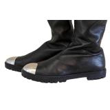 Guiseppe Zanotti Black Leather Knee-High Boots with Silver Metal Toe Caps - Size 37.5