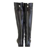 Guiseppe Zanotti Black Leather Knee-High Boots with Silver Metal Toe Caps - Size 37.5