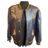 Coach Shrunken Leather Varsity Jacket in Metallic Cadet Blue
