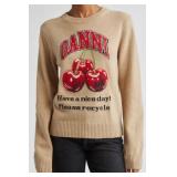 Ganni Intarsia Knit Wool Blend Cherry Sweater - Beige - Size L - Made in Romania