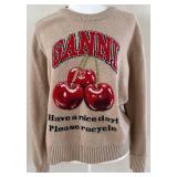 Ganni Intarsia Knit Wool Blend Cherry Sweater - Beige - Size L - Made in Romania