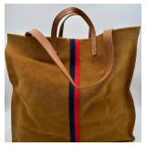 Claire V Simple Tote - Chestnut Suede with Navy/Red Sporty Stripe