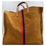 Claire V Simple Tote - Chestnut Suede with Navy/Red Sporty Stripe