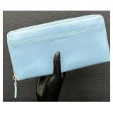 Levenger Baby Blue Leather Accordion Wallet - 12 Card Slots, Zipper Coin Pocket