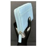 Levenger Baby Blue Leather Accordion Wallet - 12 Card Slots, Zipper Coin Pocket