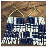 Ink & Alloy Whitney Brass & Seed Beads Earrings - Navy & White, 3" Drop, 1 1/4" Wide