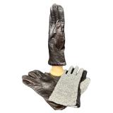 Nordstrom Brown Leather Gloves Size 9 & Grey/Black Knit-Lined Gloves Size L (Lot of 2)