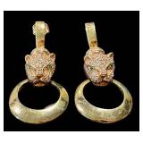 Vintage 14K Gold Panther Door Knocker Earrings with Diamond Accents & Emerald Eyes