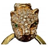 Vintage 14K Gold Panther Door Knocker Earrings with Diamond Accents & Emerald Eyes