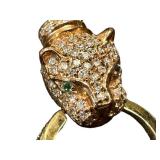 Vintage 14K Gold Panther Door Knocker Earrings with Diamond Accents & Emerald Eyes