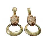 Vintage 14K Gold Panther Door Knocker Earrings with Diamond Accents & Emerald Eyes