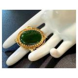 Vintage 14K Gold Green Chalcedony Brooch - Oval Cabochon, Floral Bezel