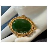 Vintage 14K Gold Green Chalcedony Brooch - Oval Cabochon, Floral Bezel