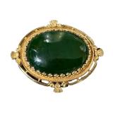 Vintage 14K Gold Green Chalcedony Brooch - Oval Cabochon, Floral Bezel