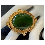 Vintage 14K Gold Green Chalcedony Brooch - Oval Cabochon, Floral Bezel