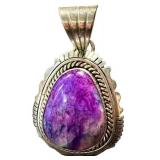 Sterling Charoit Purple Cabochon Pendant - Rope Border, Marked Francis