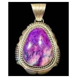 Sterling Charoit Purple Cabochon Pendant - Rope Border, Marked Francis