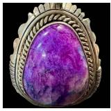 Sterling Charoit Purple Cabochon Pendant - Rope Border, Marked Francis