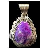 Sterling Charoit Purple Cabochon Pendant - Rope Border, Marked Francis