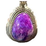 Sterling Charoit Purple Cabochon Pendant - Rope Border, Marked Francis
