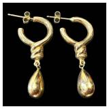 Pair of 14K Gold Drop Earrings, Teardrops on Twisted Hoops
