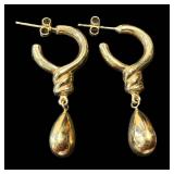 Pair of 14K Gold Drop Earrings, Teardrops on Twisted Hoops