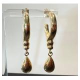 Pair of 14K Gold Drop Earrings, Teardrops on Twisted Hoops