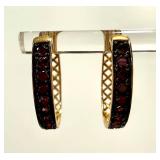 14K Gold Garnet Hoop Earrings