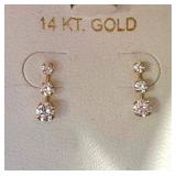 14K Gold Cubic Zirconia Drop Earrings - 3-Stone Dangle Pair