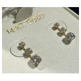 14K Gold Cubic Zirconia Drop Earrings - 3-Stone Dangle Pair