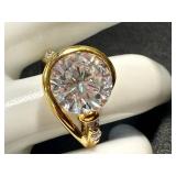 Lab Created Diamond Ring Size 7 in Gold Tone Sterling Silver Setting with Side Stones
