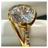 Lab Created Diamond Ring Size 7 in Gold Tone Sterling Silver Setting with Side Stones