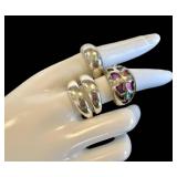 Sterling Silver Rings (Lot of 3) - Enamel Openwork Ring & Stacking Bands (Sizes 8.5, 9, 10)