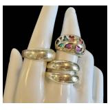Sterling Silver Rings (Lot of 3) - Enamel Openwork Ring & Stacking Bands (Sizes 8.5, 9, 10)