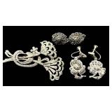 Vintage Marcasite Filigree Brooch & Sterling-Stamped Earrings Set (2 Pairs)