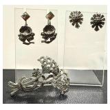 Vintage Marcasite Filigree Brooch & Sterling-Stamped Earrings Set (2 Pairs)