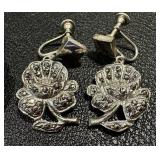 Vintage Marcasite Filigree Brooch & Sterling-Stamped Earrings Set (2 Pairs)