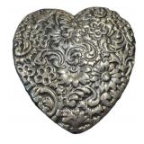 Unmarked Embossed Heart Brooch with Floral Scrollwork - 2.2 Inches