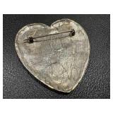 Unmarked Embossed Heart Brooch with Floral Scrollwork - 2.2 Inches